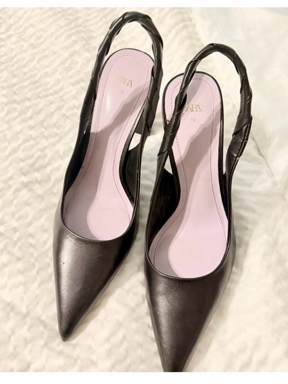 Zara Black Leather Pointed Slingback Pumps Size 40